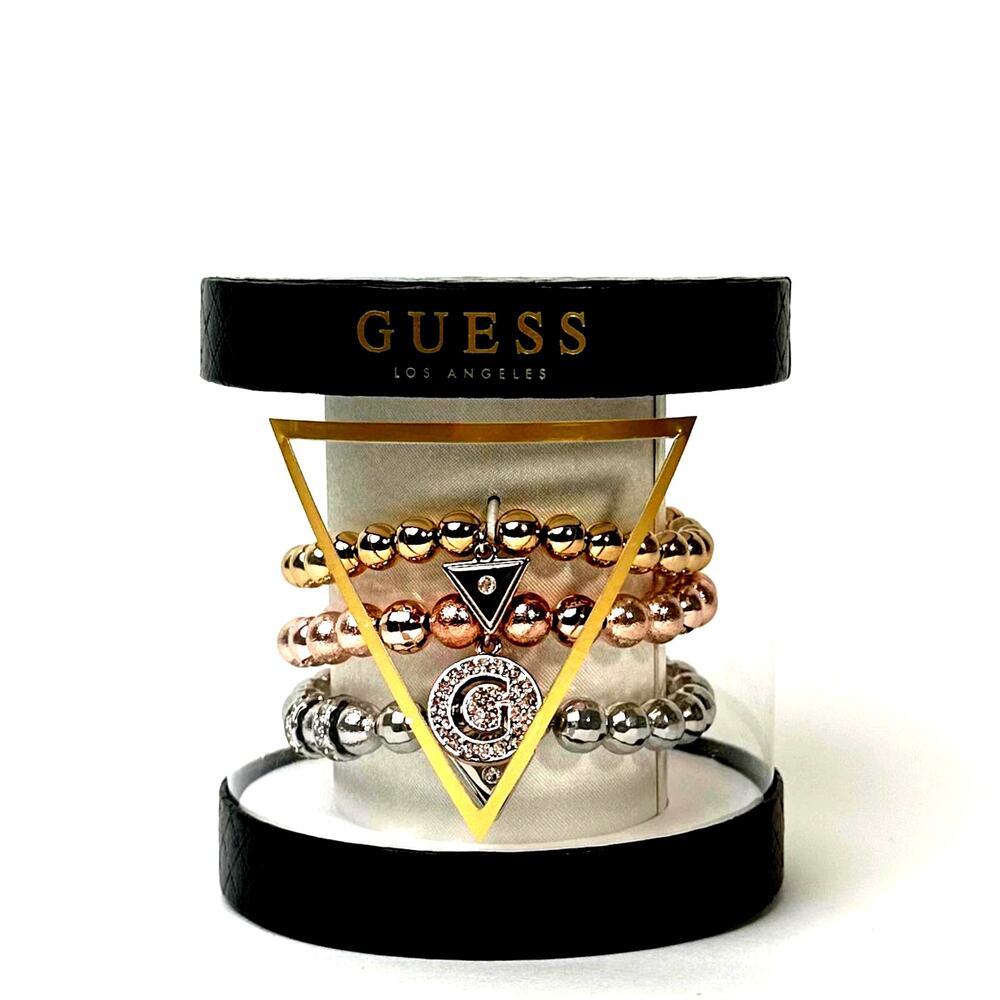 Guess Los Angeles Set of 3 Beaded Charm Bracelets Silver & Rose Gold Tone NIB